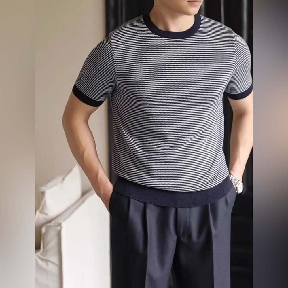 SUITSUPPLY Striped Short Sleeve Top Cotton Silk